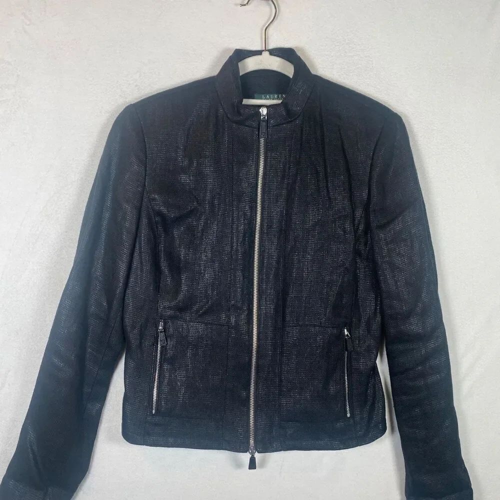 Lauren Ralph Lauren Women’s Jacket Size 8 Black 100% Linen Textured Woven Zip Fr